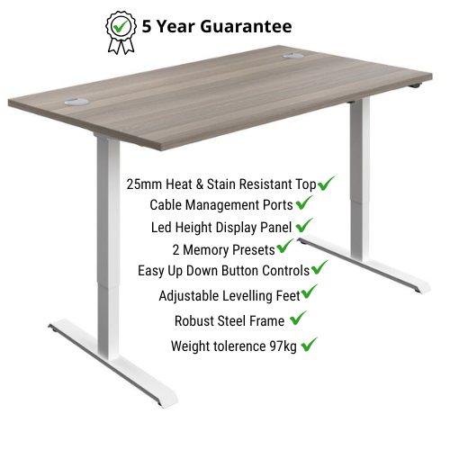 Electro Elevate Electric Single Motor Height Adjustable Sit Stand Office Desk W1400xD800 Grey Oak Top White Frame 5 Year Warranty