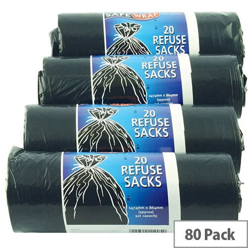 Safewrap Pack of 4 Black Refuse Sacks 92L - 20 Sacks per Roll - 80 Sacks in Total