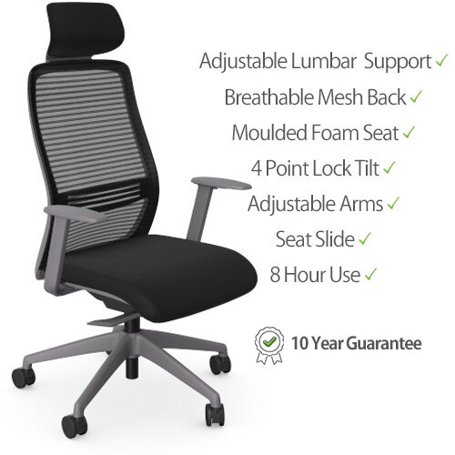 NV Ergonomic Posture Office Chair - Grey Frame, Black Seat - Key Features - Adjustable Lumbar Support, Breathable Mesh Back, Detachable Seat Cover, Moulded Foam Seat, 4 Point Lock Tilt, Adjustable Arms, Seat Slide, 8 Hour-Use and 10 Year Guarantee