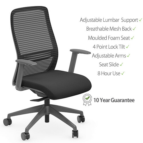  NV Ergonomic Posture Office Chair - Black Seat and Grey Frame - Adjustable Lumbar Support, Breathable Mesh Back, Detachable Seat Cover, Moulded Foam Seat, 4 Point Lock Tilt, Adjustable Arms, Seat Slide and 10 Year Guarantee