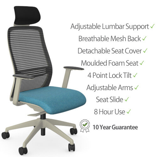 White Frame, Blue Seat NV Ergonomic Posture Chair with features - adjustable lumbar support, breathable mesh back, detachable seat cover, moulded foam seat, 4 point lock tilt, adjustable arms, slideable seat and 8 hour daily use.