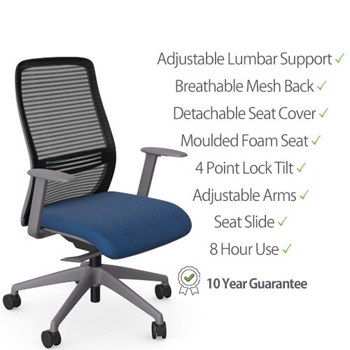 NV Ergonomic Posture Office Chair  - Contoured Breathable Mesh Back  - Adjustable Lumbar Support  - Grey Frame - Navy Blue Seat