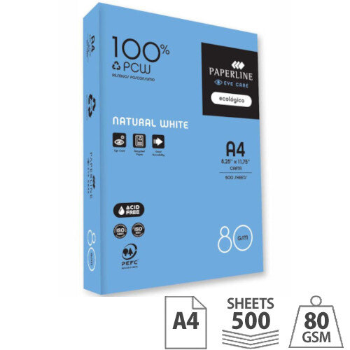 Paperline EyeCare A4 80gsm 100% Recycled White Paper Ream 500 Sheets