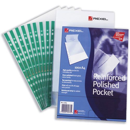 Rexel A4 Clear Punched Pockets - Green Strip, 80 Micron, Pack of 100