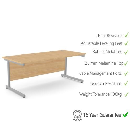 Office Desk Rectangular Silver Cantilever Legs W1800xD800xH725mm Beech Ashford