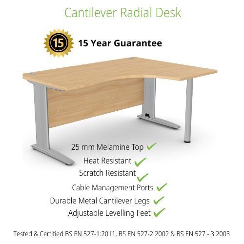 Radial Right Hand Corner Office Desk - W1600xD1200xH725mm - Beech - Silver Cable Managed Leg