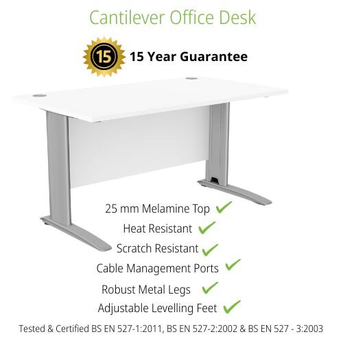 Cantilever Office Desk Rectangular With Silver Cable Managed Leg W1400xD800xH725mm White Komo