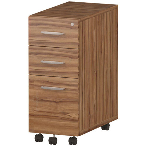 Impulse Tall Slimline 3 Drawer Under Desk Mobile Pedestal Walnut Hunt