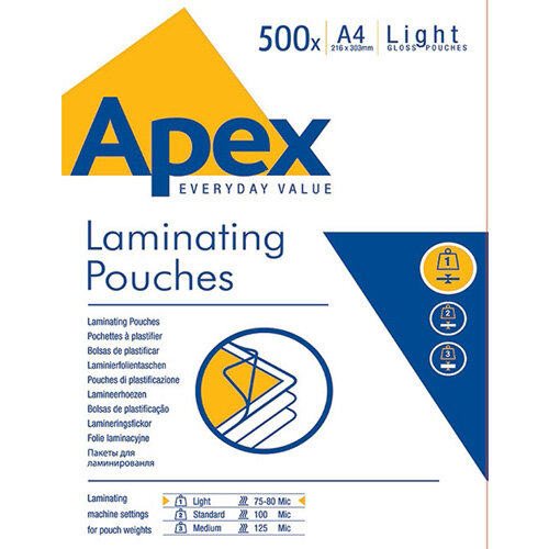 Fellowes Apex Laminating Pouch A4 Light Duty Pack of 500 Hunt Office