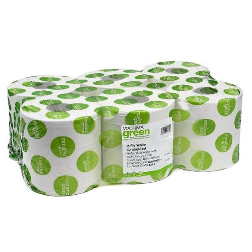 Maxima Green 2 Ply White Centrefeed Paper Hand Wiper Rolls Each 150m (6