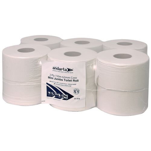 Andarta Standard Mini Jumbo Dispenser Toilet Tissue Refill Rolls 150m 2