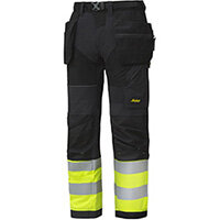 Snickers 6931 FlexiWork High-Vis Work Trousers With Holster Pockets CL1 Black - Hi Vis Yellow W50 Inches L32 Inches Size 64 WW1