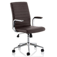 Ezra Executive Office Chair - Brown Leather Seat & Back - Chrome Base - Fixed Padded Arms