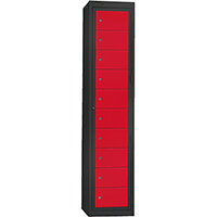 Probe Garment Dispenser Locker 10 Compartments Cam Lock ACTIVECOAT W380xD460xH1780mm Metallic Black Body Red Door 7 Year Warranty