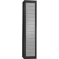 Probe Garment Dispenser Locker 15 Compartments Cam Lock ACTIVECOAT W380xD460xH1780mm Metallic Black Body Silver Door 7 Year Warranty