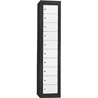 Probe Garment Dispenser Locker 10 Compartments Cam Lock ACTIVECOAT W380xD460xH1780mm Metallic Black Body Smoke White Door 7 Year Warranty