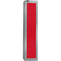 Probe Garment Dispenser Locker 10 Compartments Cam Lock ACTIVECOAT W380xD460xH1780mm Silver Body Red Door 7 Year Warranty