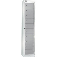 Probe Garment Dispenser Locker 10 Compartments Cam Lock ACTIVECOAT W380xD460xH1780mm Smoke White Body Silver Door 7 Year Warranty