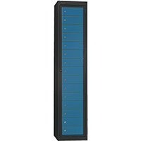 Probe Garment Dispenser Locker 15 Compartments Cam Lock ACTIVECOAT W380xD460xH1780mm Metallic Black Body Blue Door 7 Year Warranty