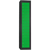 Probe Garment Dispenser Locker 15 Compartments Cam Lock ACTIVECOAT W380xD460xH1780mm Metallic Black Body Green Door 7 Year Warranty