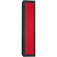 Probe Garment Dispenser Locker 15 Compartments Cam Lock ACTIVECOAT W380xD460xH1780mm Metallic Black Body Red Door 7 Year Warranty