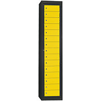 Probe Garment Dispenser Locker 15 Compartments Cam Lock ACTIVECOAT W380xD460xH1780mm Metallic Black Body Yellow Door 7 Year Warranty