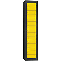 Probe Garment Dispenser Locker 15 Compartments Cam Lock ACTIVECOAT W380xD460xH1780mm Metallic Black Body Yellow Door