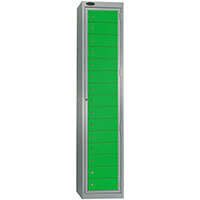 Probe Garment Dispenser Locker 15 Compartments Cam Lock ACTIVECOAT W380xD460xH1780mm Silver Body Green Door