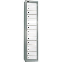 Probe Garment Dispenser Locker 15 Compartments Cam Lock ACTIVECOAT W380xD460xH1780mm Silver Body Smoke White Door 7 Year Warranty
