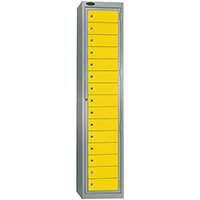 Probe Garment Dispenser Locker 15 Compartments Cam Lock ACTIVECOAT W380xD460xH1780mm Silver Body Yellow Door 7 Year Warranty
