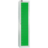 Probe Garment Dispenser Locker 15 Compartments Cam Lock ACTIVECOAT W380xD460xH1780mm Smoke White Body Green Door 7 Year Warranty