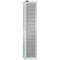 Probe Garment Dispenser Locker 15 Compartments Cam Lock ACTIVECOAT W380xD460xH1780mm Smoke White Body Silver Door 7 Year Warranty