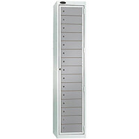 Probe Garment Dispenser Locker 15 Compartments Cam Lock ACTIVECOAT W380xD460xH1780mm Smoke White Body Silver Door