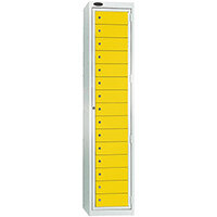 Probe Garment Dispenser Locker 15 Compartments Cam Lock ACTIVECOAT W380xD460xH1780mm Smoke White Body Yellow Door 7 Year Warranty