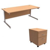Office Desk Rectangular Silver Legs W1800mm With Mobile 2-Drawer Pedestal Beech Ashford