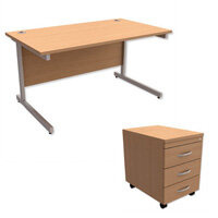Office Desk Rectangular Silver Legs W1400mm With Mobile 3-Drawer Pedestal Beech Ashford