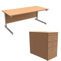 Office Desk Rectangular Silver Legs W1800mm With 800mm Deep Desk High Pedestal Beech Ashford