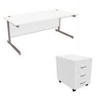 Office Desk Rectangular Silver Legs W1800mm With Mobile 3-Drawer Pedestal White Ashford