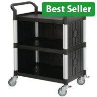 Three Tier Plastic Utility Tray Trolley With Open Sides And Ends With 3 Standard Black Shelf Back & Side Panels