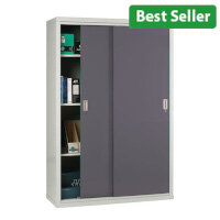 Steel Sliding Door Office Cupboard - Light Grey Body, Charcoal Doors 3 Shelves - H1829 x W1220 x D457mm 