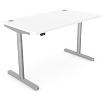 RoundE Electric Dual Motor Height Adjustable Rectangular Home Office Sit Stand Desk Portal Top W1400 x D700 x H650 - 1150mm White Top Silver Frame 10 Year Warranty