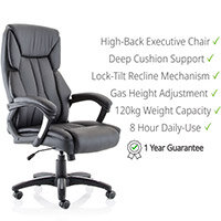 Stratford High Back Executive Leather-Look Office Chair - Black - Adjustable - Ergonomic (120kg Capacity)