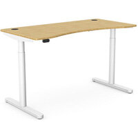 RoundE Electric Dual Motor Height Adjustable Curved Sit Stand Desk Portal Top W1400xD700xH645-1145mm Natural Light Bamboo Top White Frame 10 Year Warranty