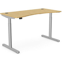 RoundE Electric Dual Motor Height Adjustable Curved Sit Stand Desk Portal Top W1400xD700xH645-1145mm Natural Light Bamboo Top Silver Frame 10 Year Warranty