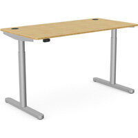 RoundE Electric Dual Motor Height Adjustable Rectangular Sit Stand Desk Portal Top W1400xD700xH645-1145mm Natural Light Bamboo Top Silver Frame 10 Year Warranty