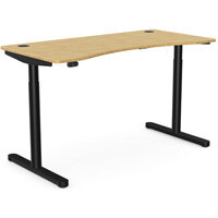 RoundE Electric Dual Motor Height Adjustable Curved Sit Stand Desk Portal Top W1400xD700xH645-1145mm Natural Light Bamboo Top Black Frame 10 Year Warranty