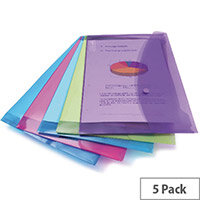 A4 Document Wallet Plastic Transparent Assorted Stud Fastening Pack 5 Elba