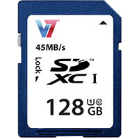 V7 128GB SDXC UHS-1 Memory Card, 128 GB, SDXC, Class 10, UHS, 45 MB/s, 18 MB/s V7 128GB SDXC UHS-1 Memory Card, 128 GB, SDXC, Class 10, UHS, 45 MB/s, 18 MB/s