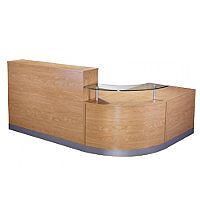 Complete Curved Reception Unit Crown Cut Oak Finish With Glass Counter Complete Curved Reception Unit Crown Cut Oak Finish With Glass Counter