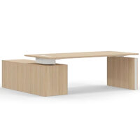 Motion Height Adjustable Executive Desk - Amber Oak, 2000x1800mm with White Panel Leg Insert & Right Side Pedestal Doors - Electric Height Adjustable